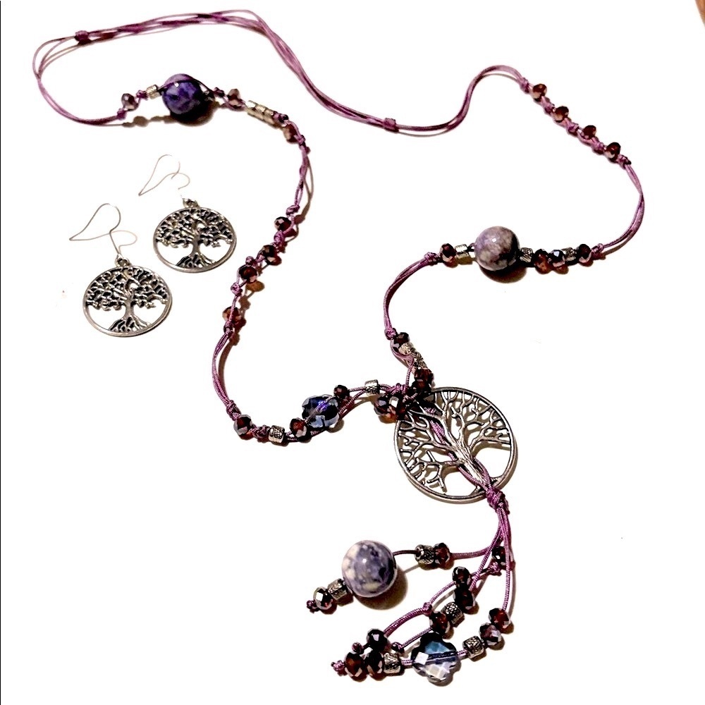 VINTAGE TREE OF LIFE AMETHYST DANGLE ADJUSTABE TIE 30-40" NECKLACE EARRING SET